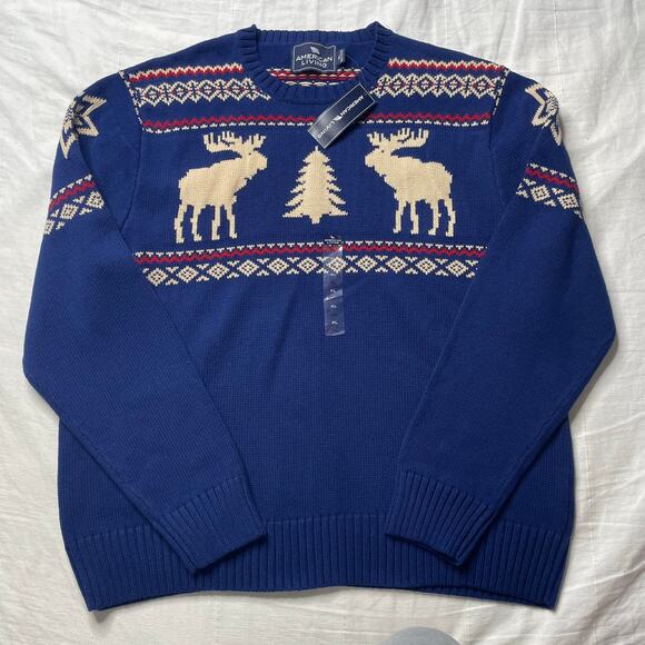 NWT American Living Blue Nordic Fair Isle Knit Sweater Men's XL Moose Cotton - Picture 1 of 6